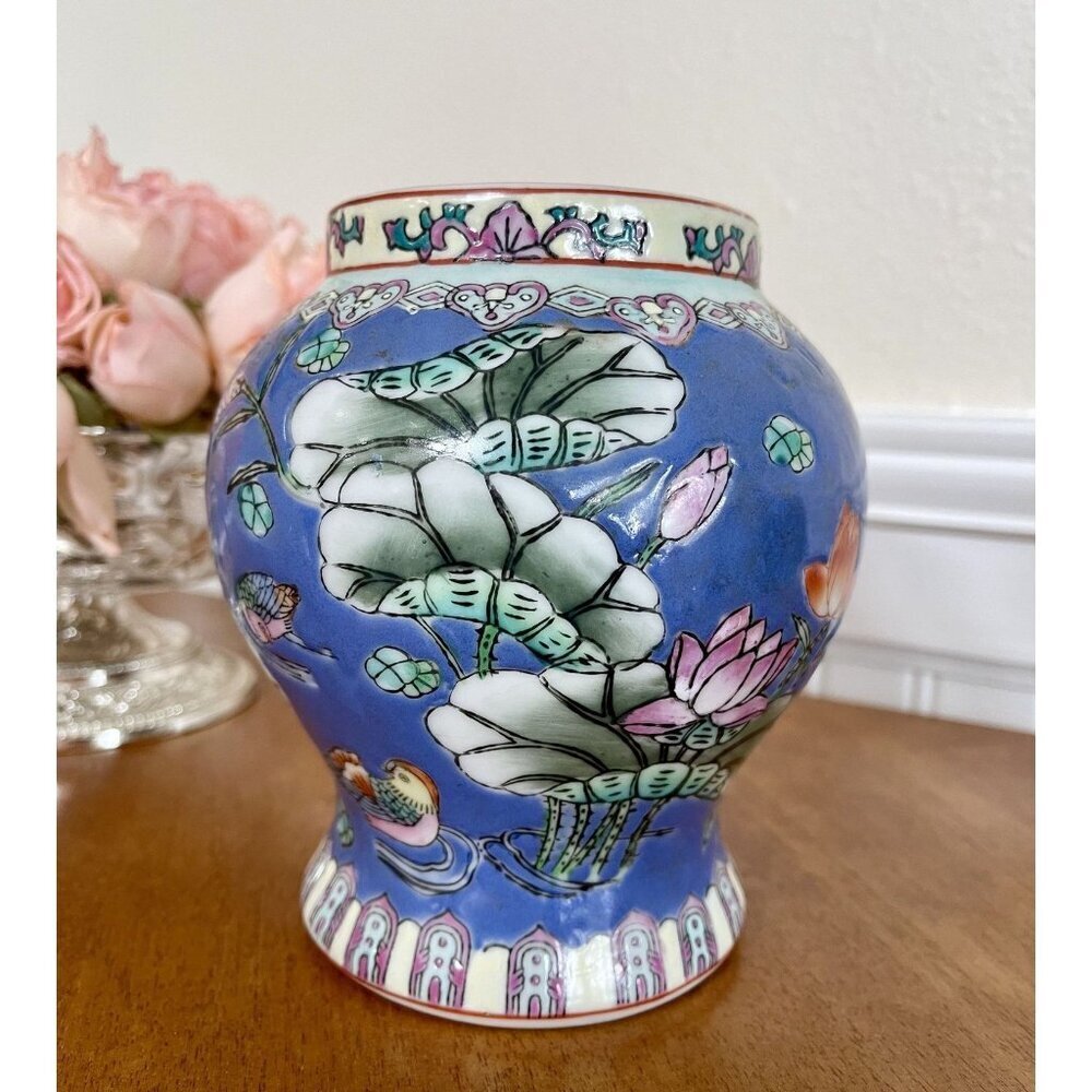 Chinese Hand-Painted Enameled Porcelain Vase with Lotus Flowers and Birds | Blue - Picture 7 of 7